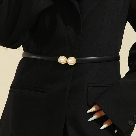 Eleganter Dünner PU Ledergürtel Für Damen Goldlegierung Doppelschnalle Mit Künstlicher Perle Strass Eingelegter Dekorativer Gürtel