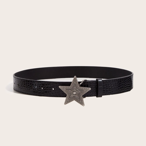 Women's Vintage Star Buckle PU Leather Belt Retro Embossed Crocodile Pattern Waist Strap For Dress Suit Accessory