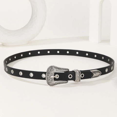 Cintura da Donna Vintage Western Cowboy Fibbia in Lega Intagliata Pelle PU Nera Occhielli in Metallo Accessorio Moda