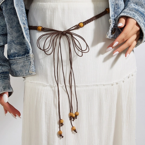Corda in Vita Intrecciata a Mano Boho per Donna Con Perline di Legno Cintura con Nappe per Abito Stile Etnico Y2K Cintura a Catena in Vita