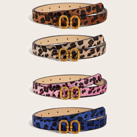 Damen Mode Leopardenmuster Schmal Gürtel PU Leder Retro Gold Doppelringschnalle Hüftgürtel Für Jeans Accessoires