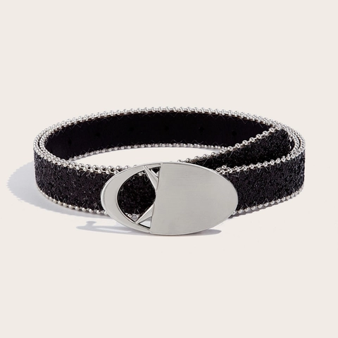 Ceinture de Taille à Paillettes Mode pour Femmes en Cuir PU Pailleté Avec Bordure en Perles Boucle Creuse Ovale Accessoire