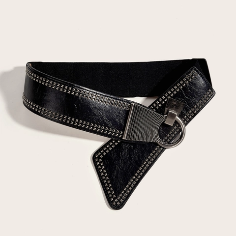 Women Punk Wide Corset Belt Rivet Studded PU Leather Elastic Waist Cinchers Fashion Decorative Waistband Hook Closure