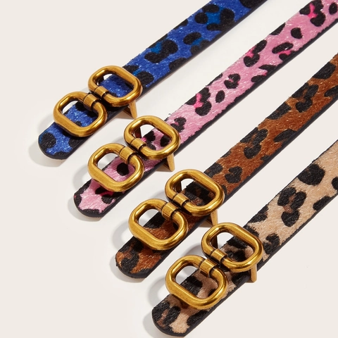 Damen Mode Leopardenmuster Schmal Gürtel PU Leder Retro Gold Doppelringschnalle Hüftgürtel Für Jeans Accessoires