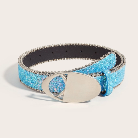 Ceinture de Taille à Paillettes Mode pour Femmes en Cuir PU Pailleté Avec Bordure en Perles Boucle Creuse Ovale Accessoire
