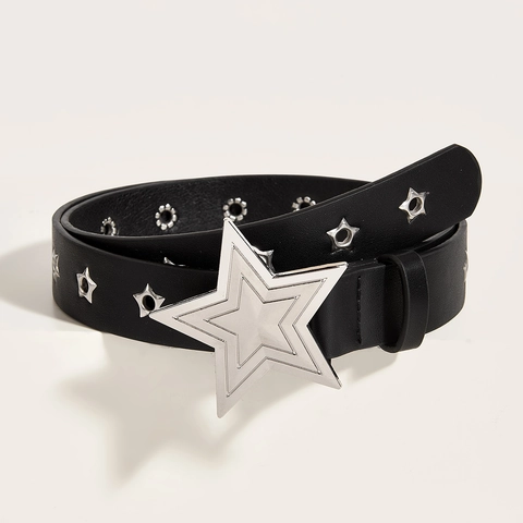 Punk Stil Kunstleder Gürtel Mit Stern Schnalle Für Damen Y2K Rock Stern Ösen Nieten Dekorativer Taillengürtel Schwarz Mode Accessoire
