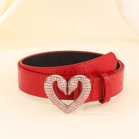 Cintura Rossa Donna Alla Moda Con Fibbia a Cuore Cigno Strass Motivo Coccodrillo In Pelle PU Cintura Decorativa Per Jeans