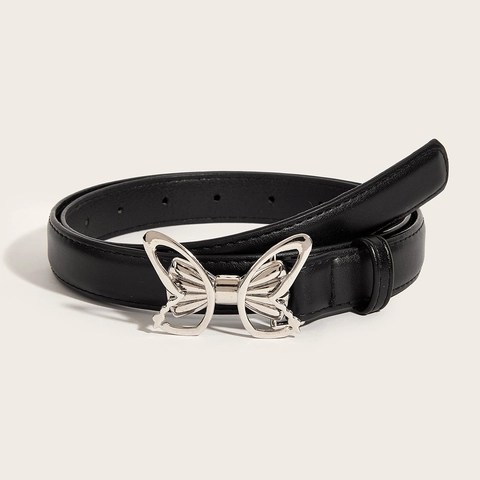 Vintage Butterfly Buckle Faux Leather Thin Belt For Women Fashion Hollow Alloy Metal Snap Buckle Decorative Waist Belt For Jeans