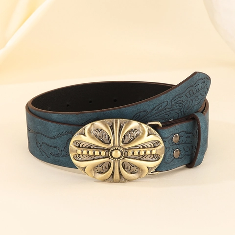 Vintage Western Kunstleder Gürtel Für Damen Herren Geprägtes Pferdemuster Große Bronze Legierung Schnalle Bohemian Retro Mode Gürtel