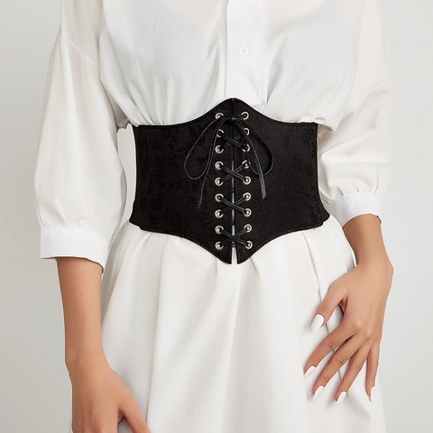 Women Vintage Wide Corset Belt Lace-up Elastic Waistband Black Floral Jacquard Waist Cincher Fashion Waist Shaper Accessory