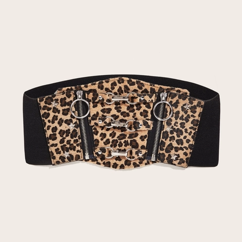 Cintura Corsetto Larga da Donna con Stampa Leopardata Vintage Fascia Elastica Modellante con Fibbie Metalliche e Cerniere Fascia Decorativa