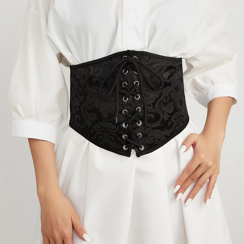 Women Vintage Floral Embroidery Corset Belt Lace-up Wide Elastic Waist Cinchers Gothic Faux Leather Waistband For Dress