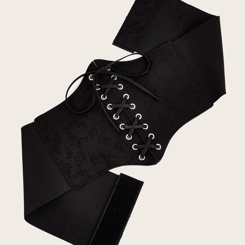 Women Vintage Wide Corset Belt Lace-up Elastic Waistband Black Floral Jacquard Waist Cincher Fashion Waist Shaper Accessory