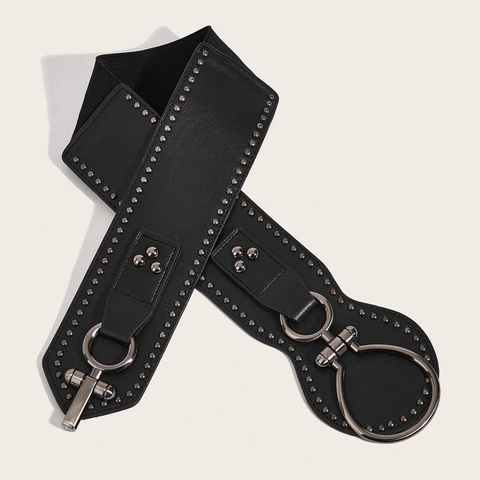 Cintura a Corsetto Larga da Donna Fashion Punk Con Rivetti Borchiati Nero Elastico Cinturino Per Abiti Cintura in Pelle PU