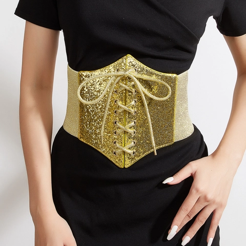 Women Sequined Corset Belt Glitter Elastic Waist Cincher With Lace-up Front For Dress Shirt Vintage Gothic Fashion Waistband