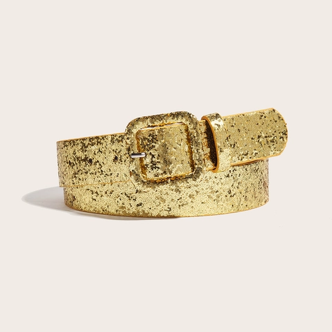 Women's Fashion Glitter Belt Western Style Faux Leather Waist Strap Square Pin Buckle Decorative Belt For Jeans Coat Gold Silver