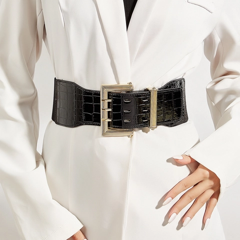Damen Retro Breiter Elastischer Korsettgürtel Kunstleder Krokodilprägung Taillenband Mit Goldener Dreifach-Dornschließe Mode-Accessoire