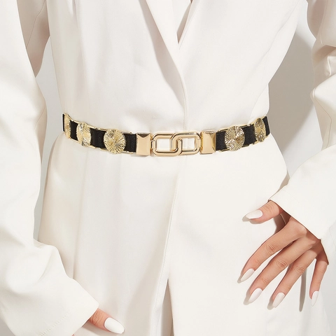 Damen Eleganter Elastischer Taillengürtel Retro Gold Sonnenstrahl Medaillon Metall Verriegelungsschnalle Schwarz Korsettgürtel