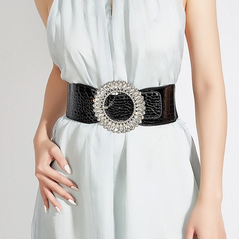 Women Wide Elastic Corset Belt Faux Leather Crocodile Pattern Rhinestone Circular Buckle Vintage Decorative Waistband For Dress
