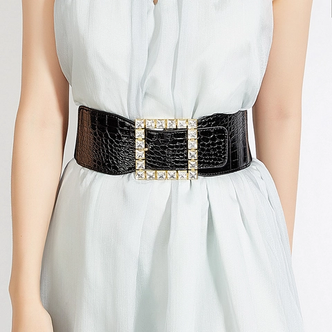 Women's Vintage Wide Elastic Waist Belt Faux Leather Crocodile Pattern Rhinestone Square Buckle Fashion Dress Waist Seal