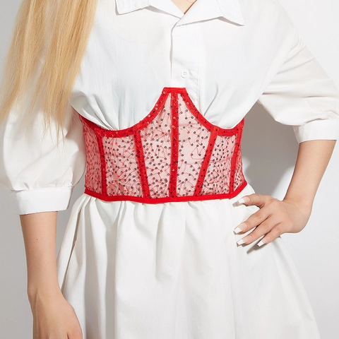 Damen Pailletten Schnürkorsett Gürtel Mesh Fischgrätenstütze Wespentaille Schlankheits Body Shaper Mode Bund Party Zubehör