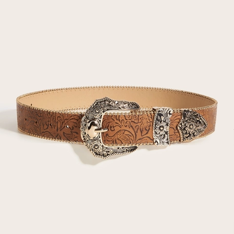 Vintage Western Cowboy Stil Geprägter PU Ledergürtel Für Damen Blumenmuster Legierung Schnalle Casual Mode Taillengürtel