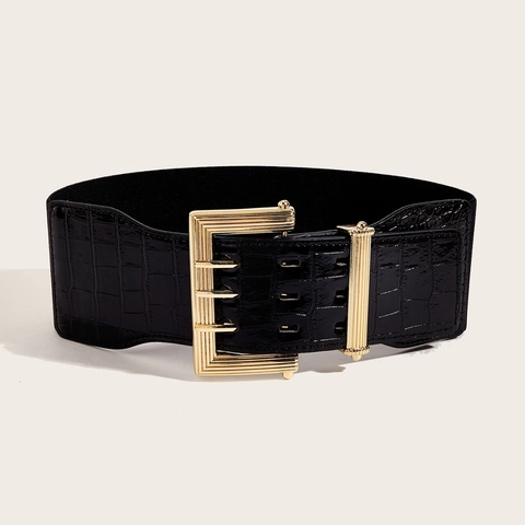 Damen Retro Breiter Elastischer Korsettgürtel Kunstleder Krokodilprägung Taillenband Mit Goldener Dreifach-Dornschließe Mode-Accessoire