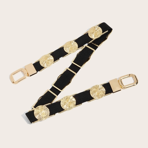 Damen Eleganter Elastischer Taillengürtel Retro Gold Sonnenstrahl Medaillon Metall Verriegelungsschnalle Schwarz Korsettgürtel