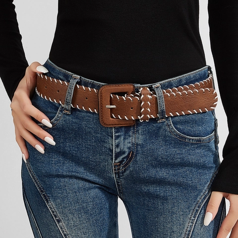 Women Retro PU Leather Belt With Contrast Whipstitch Edge Design Square Pin Buckle Fashion Waist Belt For Jeans Decorative Accessories