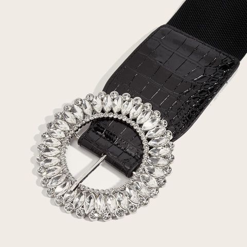 Women Wide Elastic Corset Belt Faux Leather Crocodile Pattern Rhinestone Circular Buckle Vintage Decorative Waistband For Dress