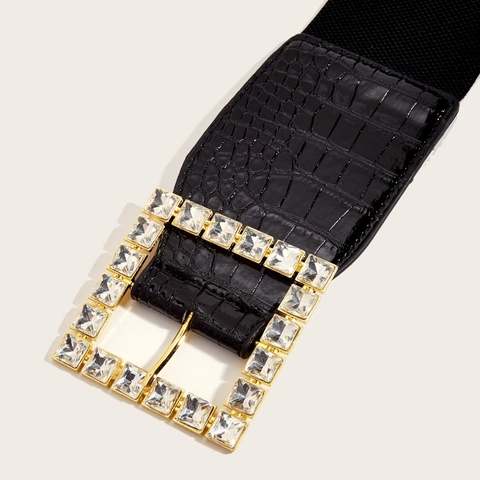 Women's Vintage Wide Elastic Waist Belt Faux Leather Crocodile Pattern Rhinestone Square Buckle Fashion Dress Waist Seal