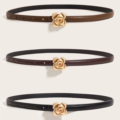 Cintura Sottile da Donna in Pelle PU Con Fibbia Rosa 3D in Metallo Dorato Cintura Vintage per Jeans Vestito Accessorio Decorativo