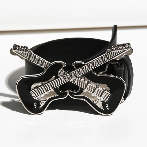 Ceinture pour Femmes en Cuir Synthétique Style Rock Punk Avec Boucle en Alliage Double Guitare Ceinture Décorative de Jean Mode