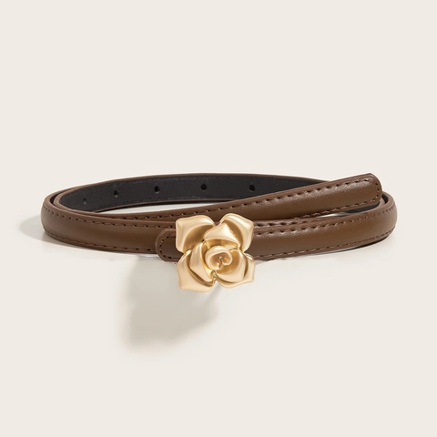 Cintura Sottile da Donna in Pelle PU Con Fibbia Rosa 3D in Metallo Dorato Cintura Vintage per Jeans Vestito Accessorio Decorativo
