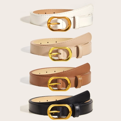 Women PU Leather Belt Solid Color Waistband With Golden Oval Alloy Pin Buckle For Jeans Dresses Fashion Accessory