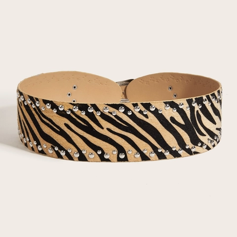 Ceinture Large à Imprimé Animal pour Femme Punk Similicuir Rivets Argentés Boucle en Métal Ceinture Décorative Léopard