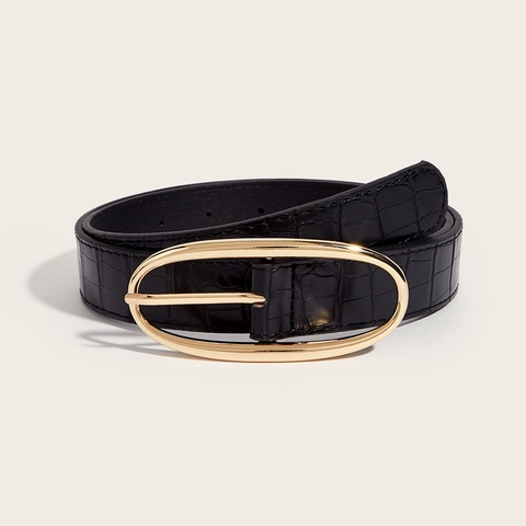 Women Fashion PU Leather Waist Belt With Golden Oval Alloy Pin Buckle Crocodile Stone Embossed Pattern Casual Waist Belt For Jeans