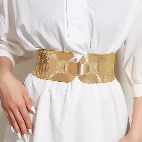 Cintura Corsetto Elastica Larga da Donna Oro Con Fibbia in Lega a Incastro Motivo Serpente Cintura Modellante Moda