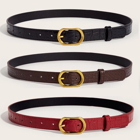 Women Fashion Belt With Crocodile Pattern PU Leather Alloy Pin Buckle Vintage Wine Red Black Coffee Jeans Waist Belt