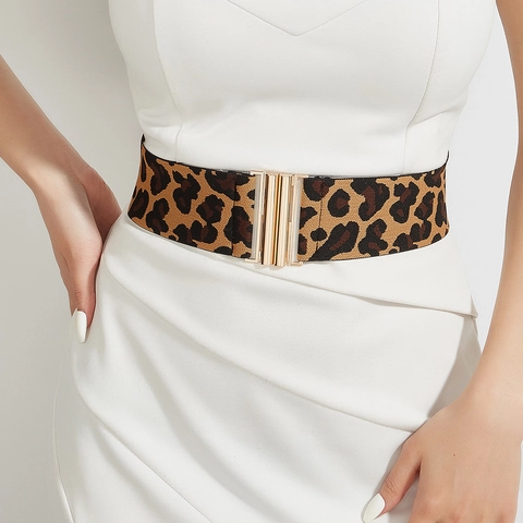 Cinturón de Corsé Ancho Elástico de Moda para Mujer Con Hebilla de Metal de Aleación Estampado de Leopardo Color Sólido