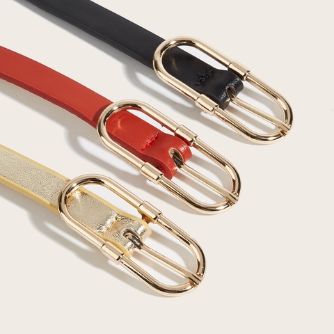 Minimalist Faux Leather Skinny Belt For Women Thin Waistband With Golden Oval Pin Buckle Decorative Dress Belt Daily Wear