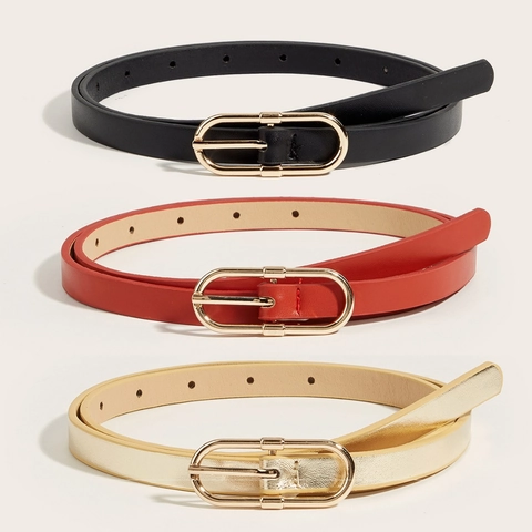 Minimalist Faux Leather Skinny Belt For Women Thin Waistband With Golden Oval Pin Buckle Decorative Dress Belt Daily Wear