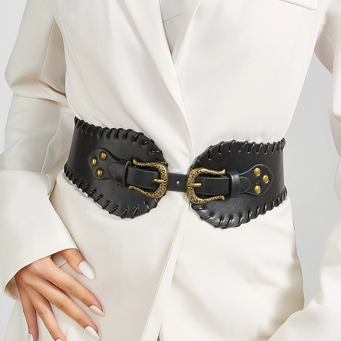 Cintura Corsetto Larga da Donna Vintage in Ecopelle Elastica Girovita Doppia Fibbia Bronzo Rivetti Bohemien per Vestito