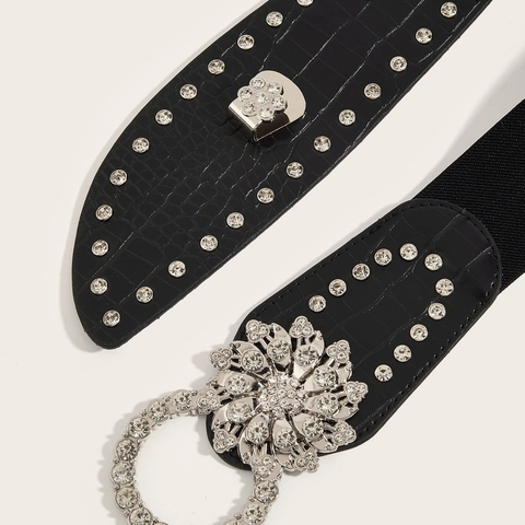 Women's Wide Elastic Corset Belt With Rhinestone Flower Buckle Crocodile Pattern Synthetic Leather Waistband For Dress Coat