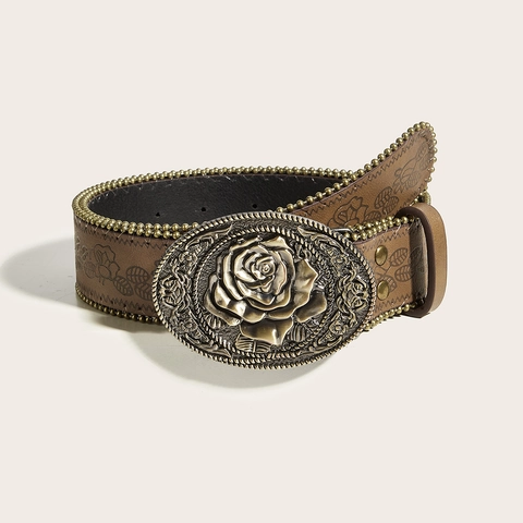 Cintura da Donna Vintage in Pelle PU Con Fibbia a Rosa in Bronzo Antico a Rilievo Motivo Floreale Punk Hip Hop