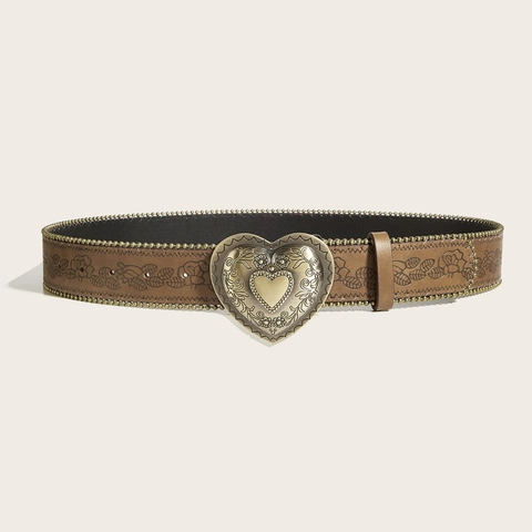 Cinturón de Cuero PU Punk Vintage para Mujer Hebilla de Metal de Corazón Relieve Floral Borde de Cuentas Estilo Bohemio