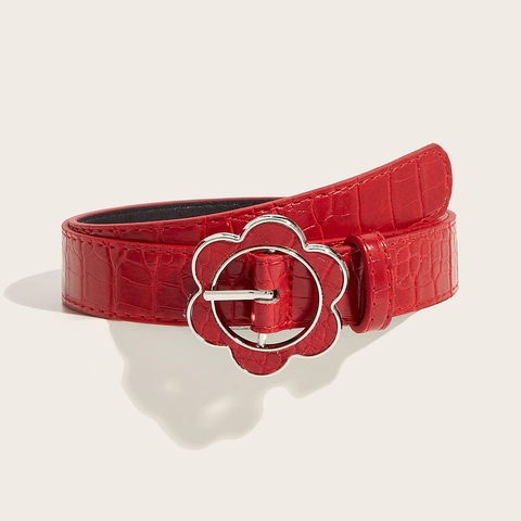 Women Fashion PU Leather Belt Floral Alloy Buckle Crocodile Embossed Pattern Punk Retro Hip Hop Adjustable Casual Waist Strap