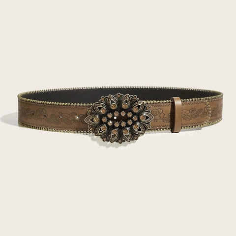 Vintage PU-Leder Damen Gürtel Retro Böhmisch Geprägte Blumen Strass Blumenschnalle Taillengürtel Hip Hop Punk Nieten Gürtel