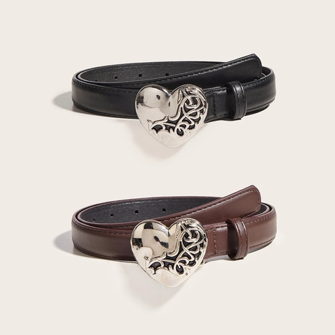 Vintage Women Faux Leather Belt With Silver Alloy Heart Buckle Hollow Out Embossed Floral Pattern Fashion Waist Strap