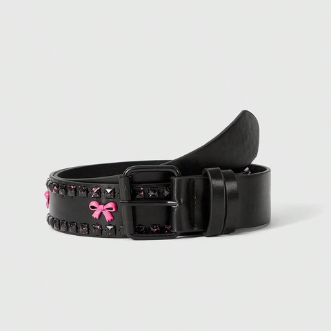 Cintura da Donna in Similpelle Stile Punk Y2K Nera Con Fiocchi Rosa e Rivetti Quadrati Cintura a Doppia Fila di Occhielli per Jeans Accessori